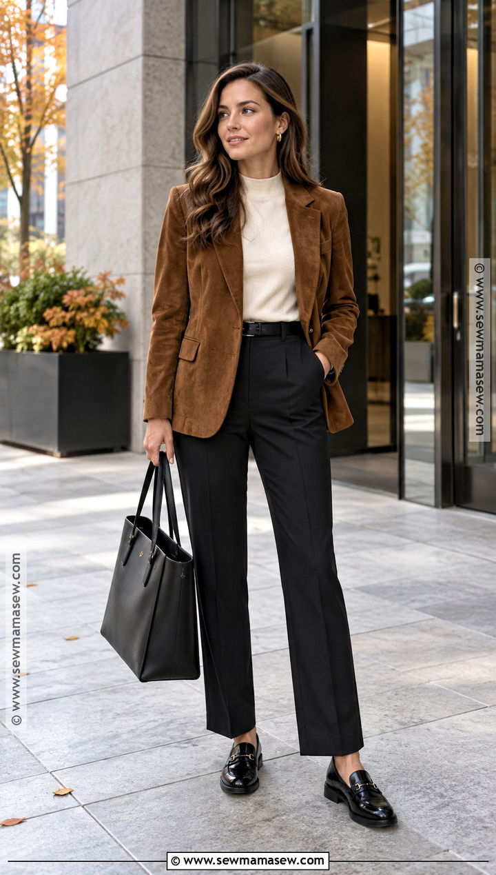 Suede Blazer And Black Trousers Office Outfit - 15 fall 2026 office outfits