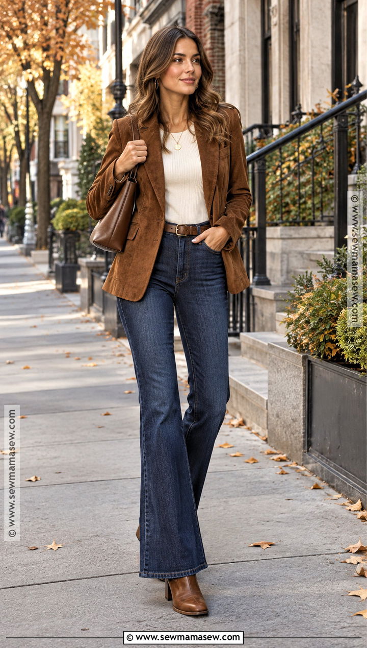 Suede Blazer And Flare Jeans Fall Outfit - 25 dope fall outfits