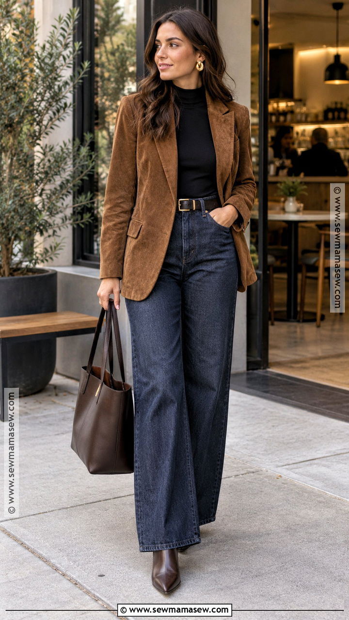 Suede Blazer And Wide Leg Jeans Brunette Fall Outfit - 20 Brunette Fall Outfits