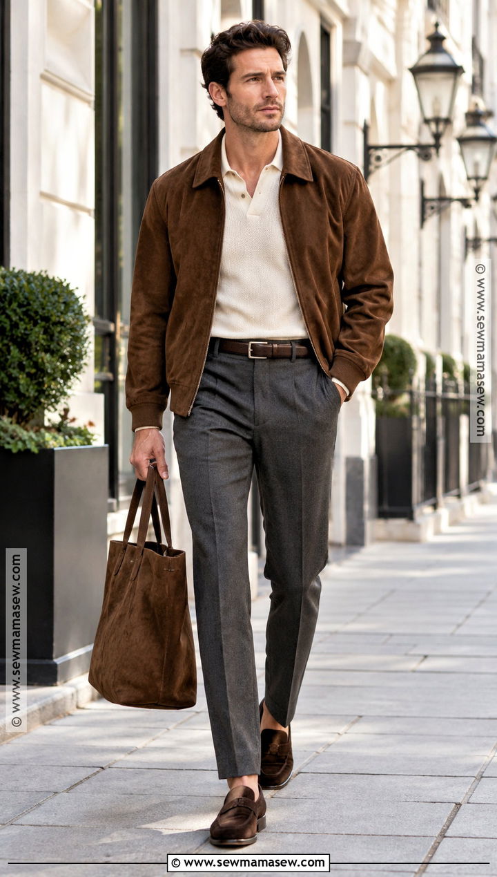 Suede Bomber Jacket With Knit Polo And Trousers - 20 fall jackets for men