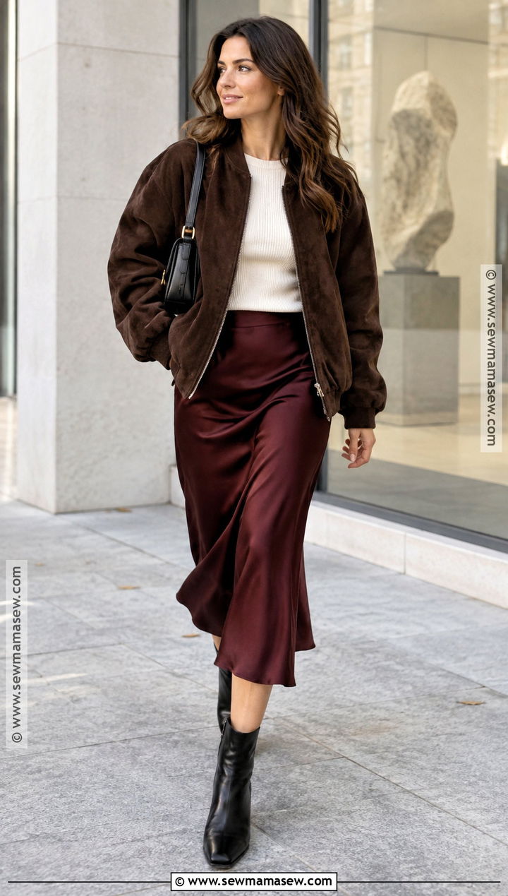 Suede Bomber Jacket With Satin Midi Skirt - 15 fall suede outfit ideas