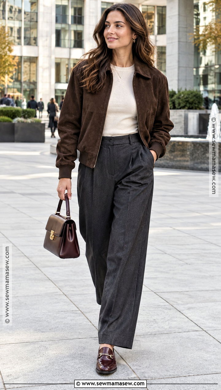 Suede Bomber Jacket With Sweater And Tailored Pants - 15 suede jacket fall outfit ideas