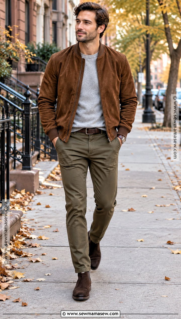 Suede Bomber Jacket and Chinos Smart Casual Fall Outfit - 15 smart casual fall outfits for men
