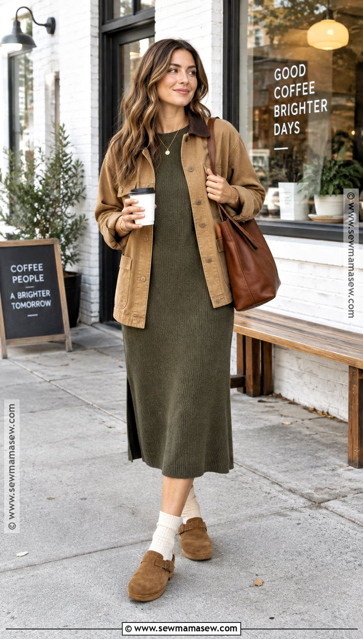 Suede Clogs With A Sweater Midi Dress - 20 shoes for fall dresses
