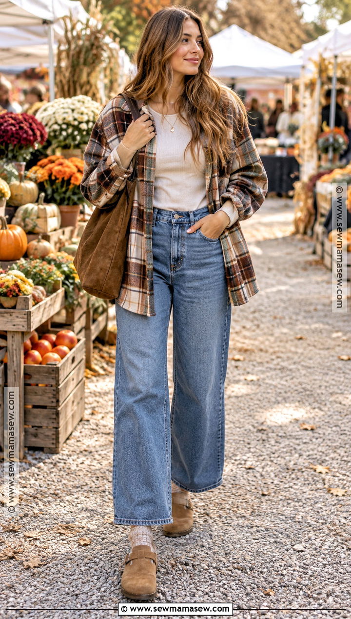 Suede Clogs With Wide Leg Jeans And A Shacket - 15 comfortable shoes for autumn