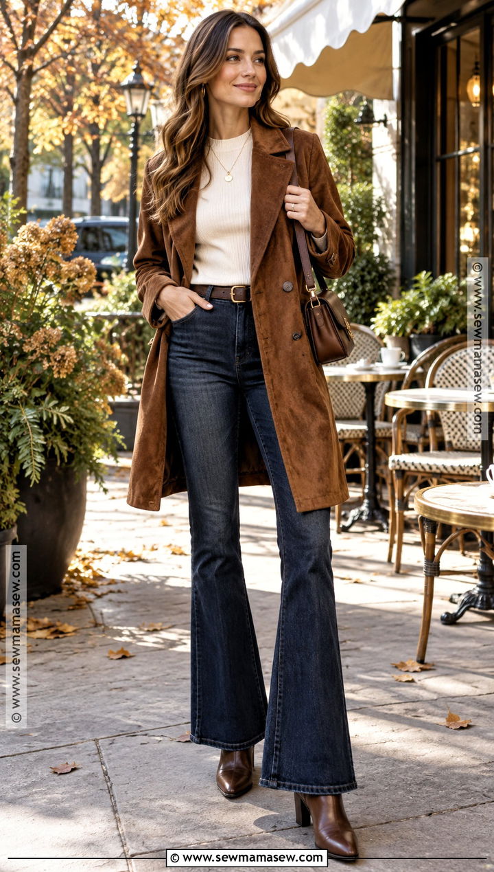Suede Coat Outfit With Flared Jeans - 25 autumn coat ideas