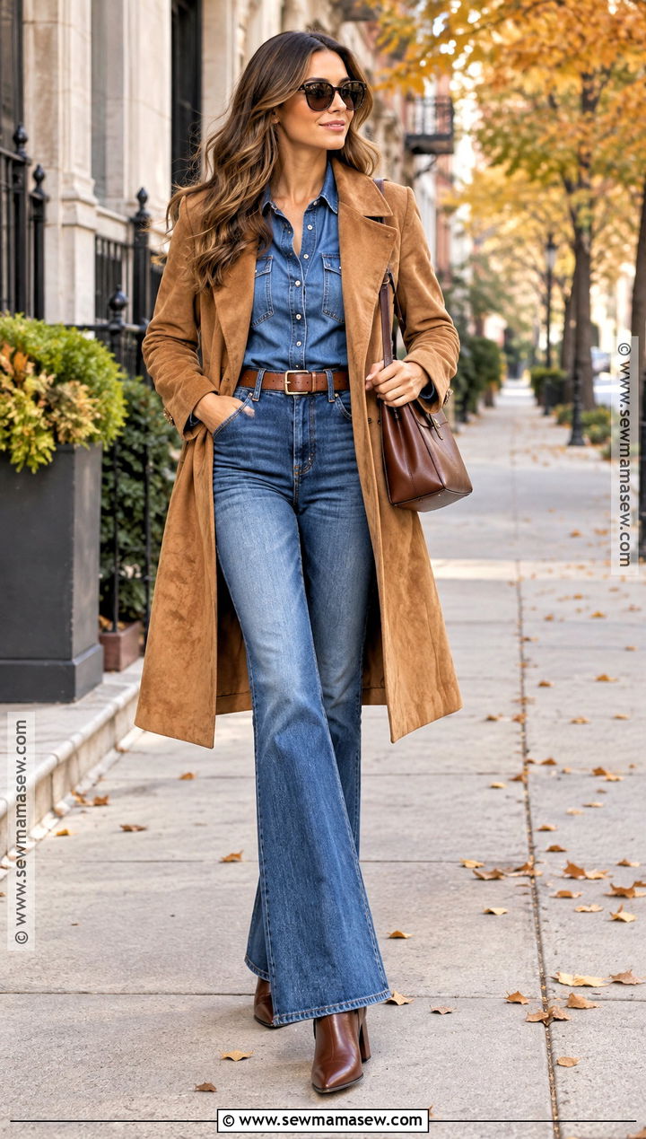 Suede Coat With Denim Shirt And Flared Jeans - 20 Fall Outfits Coat