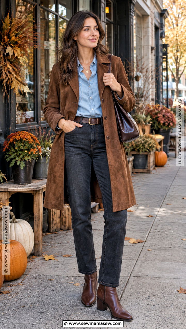 Suede Coat With Denim Shirt And Jeans - 20 autumn outfits coat