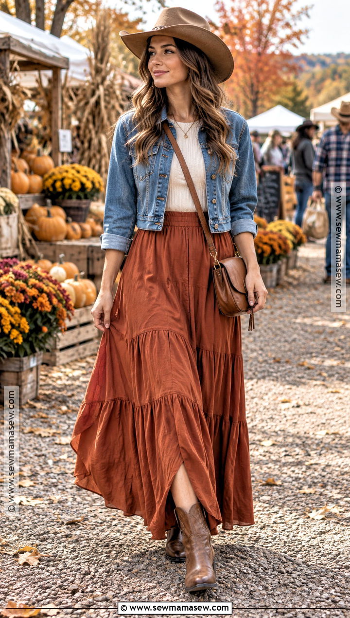 Suede Cowboy Hat With Denim Jacket and Maxi Skirt - 20 fall hat ideas