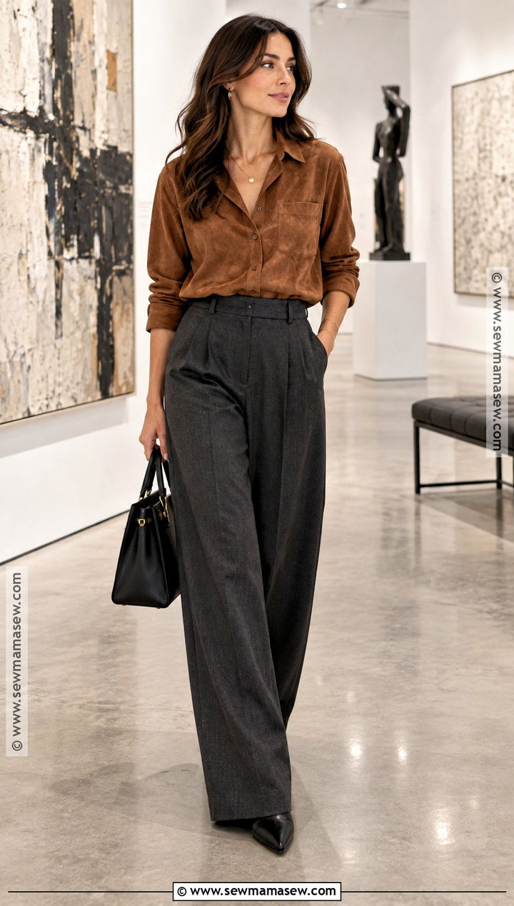 Suede Fall Top With Dark Trousers - 25 cute fall tops
