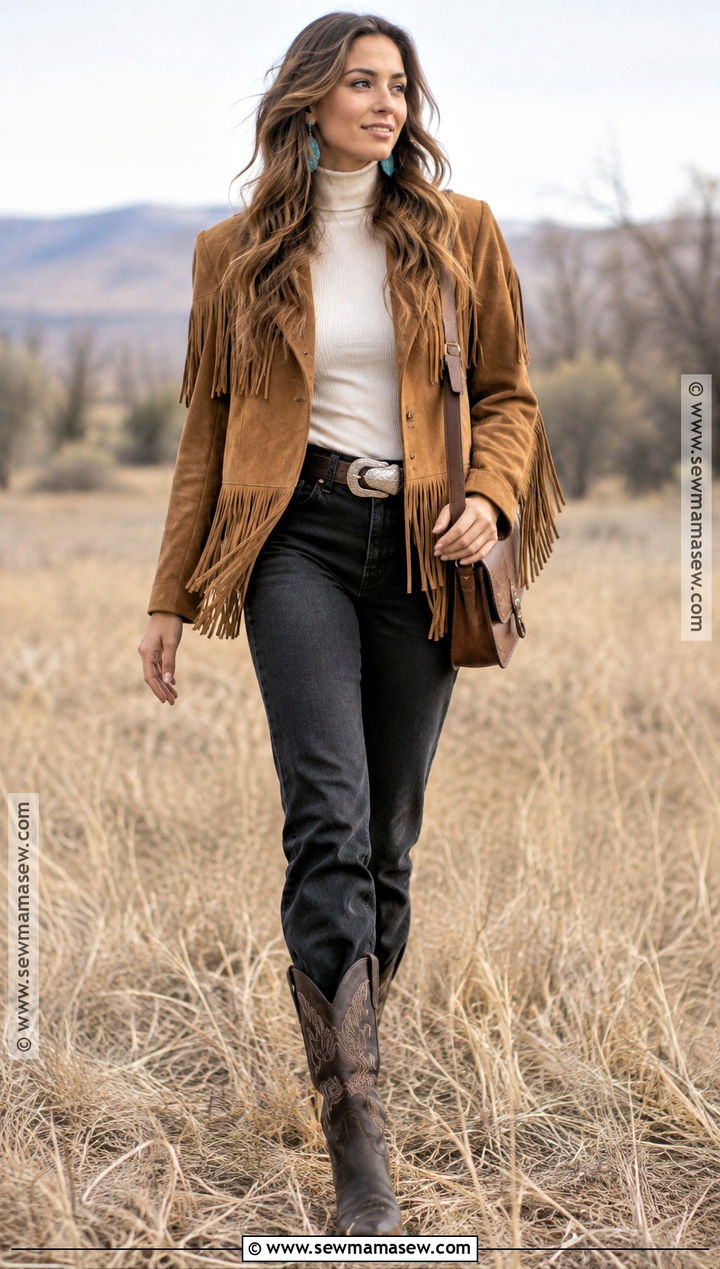 Suede Fringe Jacket And Black Jeans Western Fall Outfit - 15 western fall photoshoot outfits