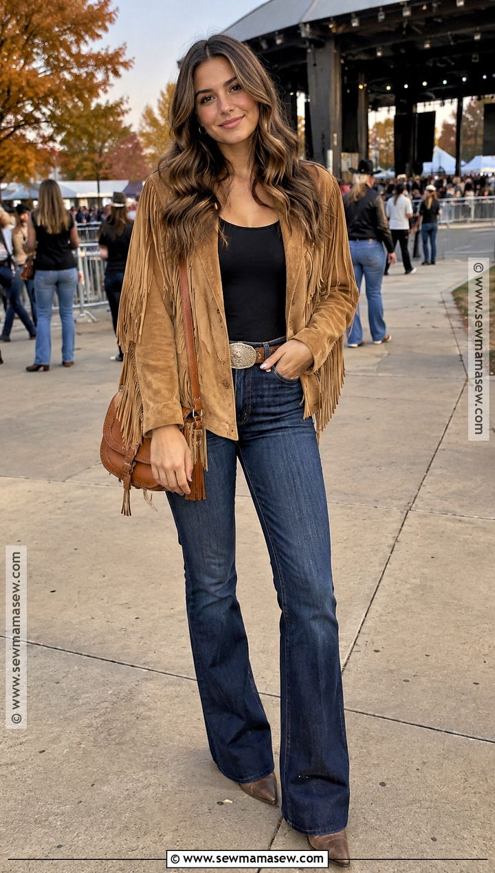 Suede Fringe Jacket And Bootcut Jeans Country Concert Outfit - 25 fall country concert outfit ideas