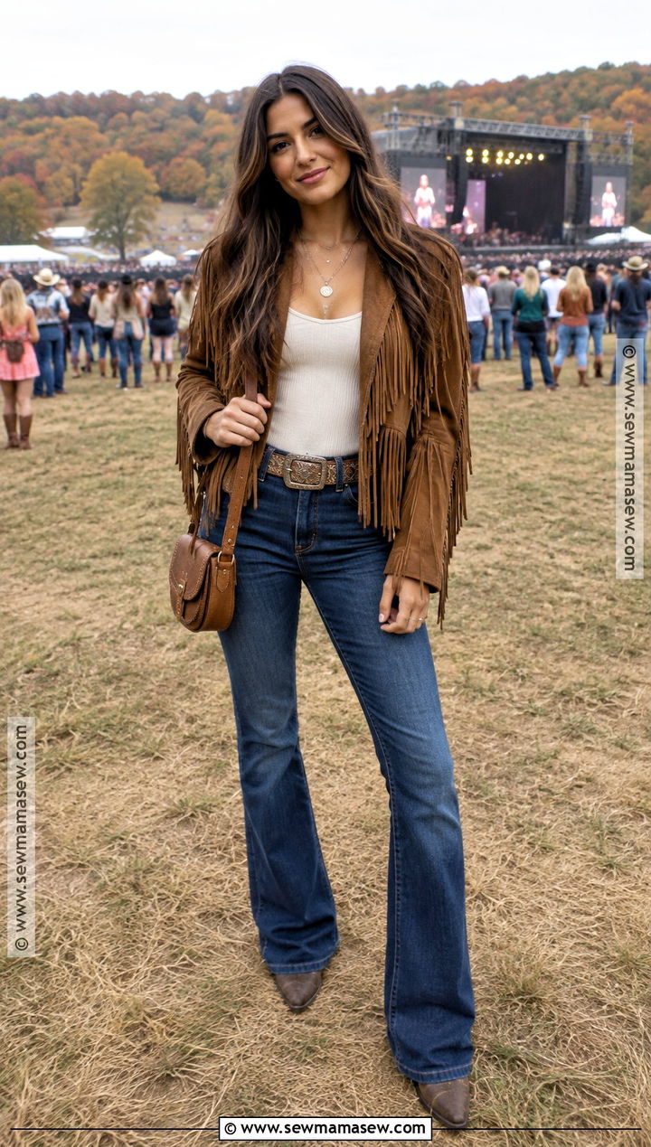 Suede Fringe Jacket And Bootcut Jeans Festival Outfit - 15 Fall Country Festival Outfit Ideas