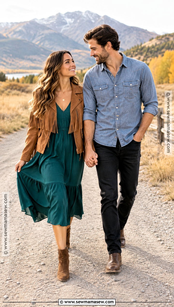 Suede Fringe Jacket With Midi Dress - 15 boho engagement photos outfits fall