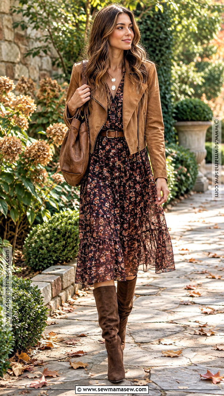 Suede High Boots With Boho Midi Dress - 20 high boots outfit fall