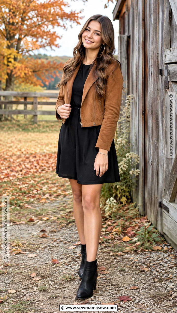 Suede Jacket And Black Dress Fall Senior Pictures Outfit - 25 fall senior pictures outfits