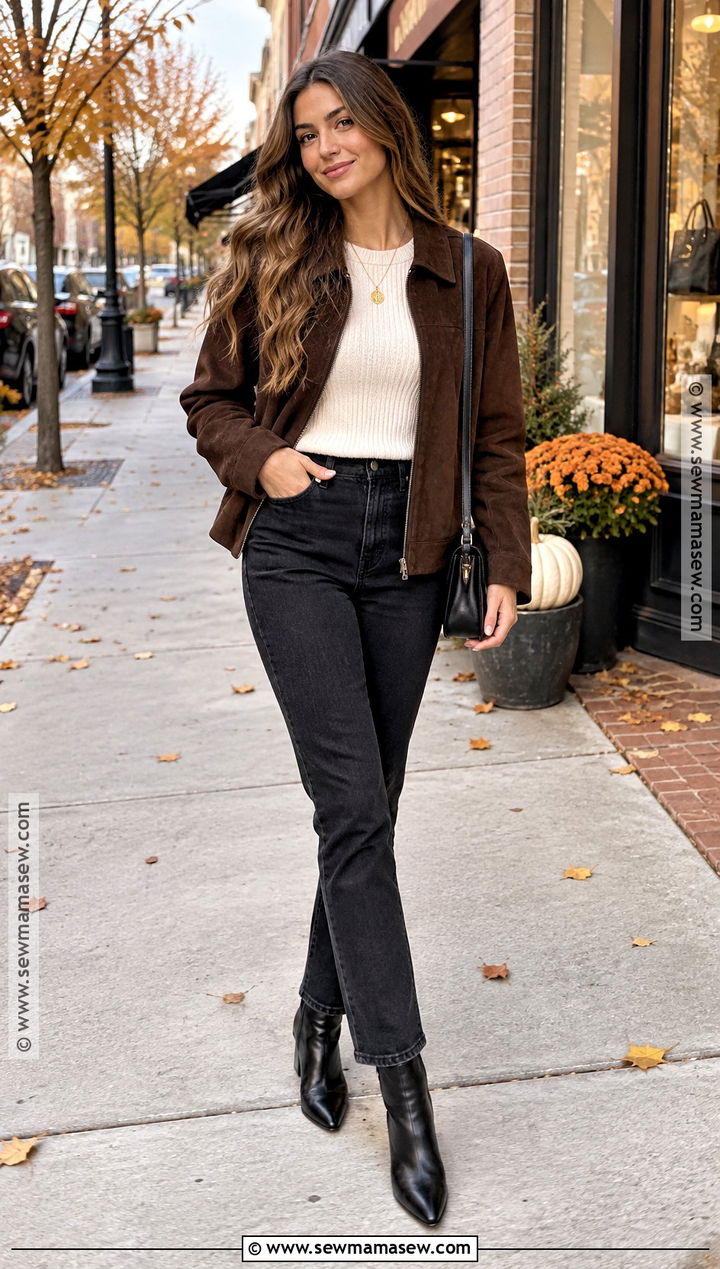 Suede Jacket And Black Jeans Fall Date Outfit - 15 cute date fall outfits