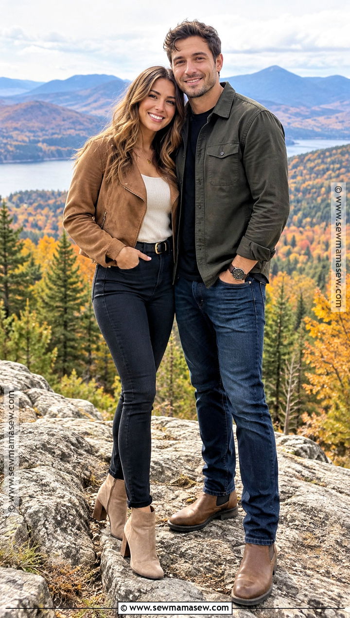 Suede Jacket And Black Jeans Fall Engagement Photoshoot Outfit - 15 engament photoshoot outfit fall ideas