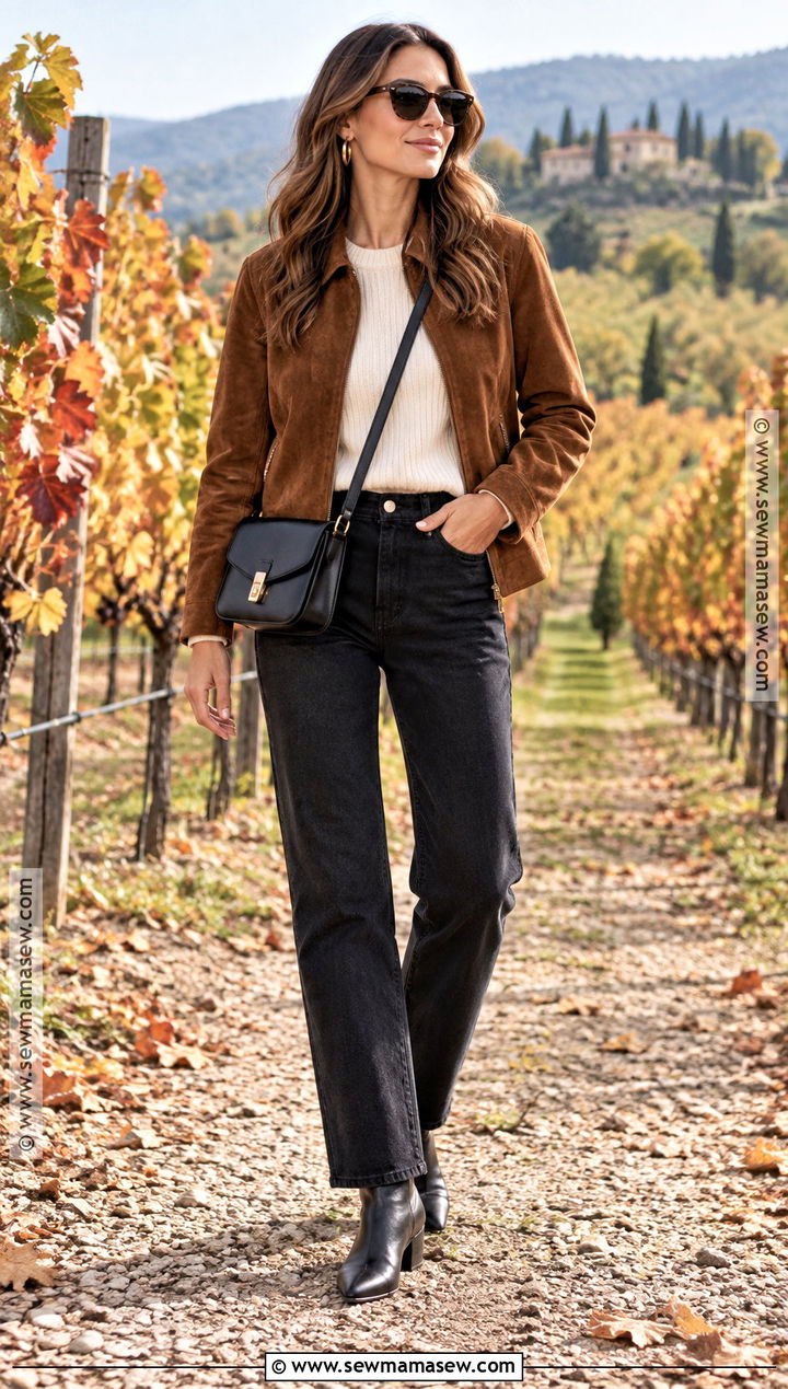 Suede Jacket And Black Jeans Fall Wine Tour Outfit - 20 wine tour outfit fall ideas