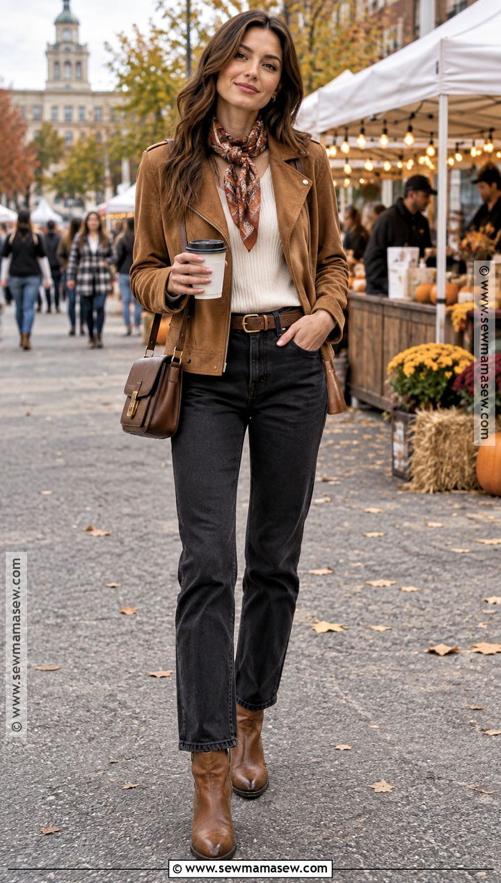 Suede Jacket And Black Jeans Outfit - 20 festival fall outfit ideas