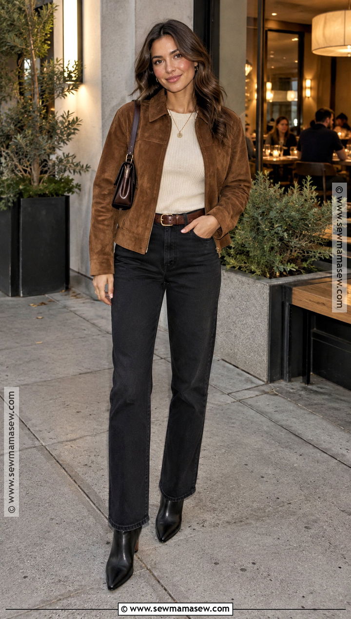 Suede Jacket And Black Jeans Outfit - 20 first date outfit autumn ideas
