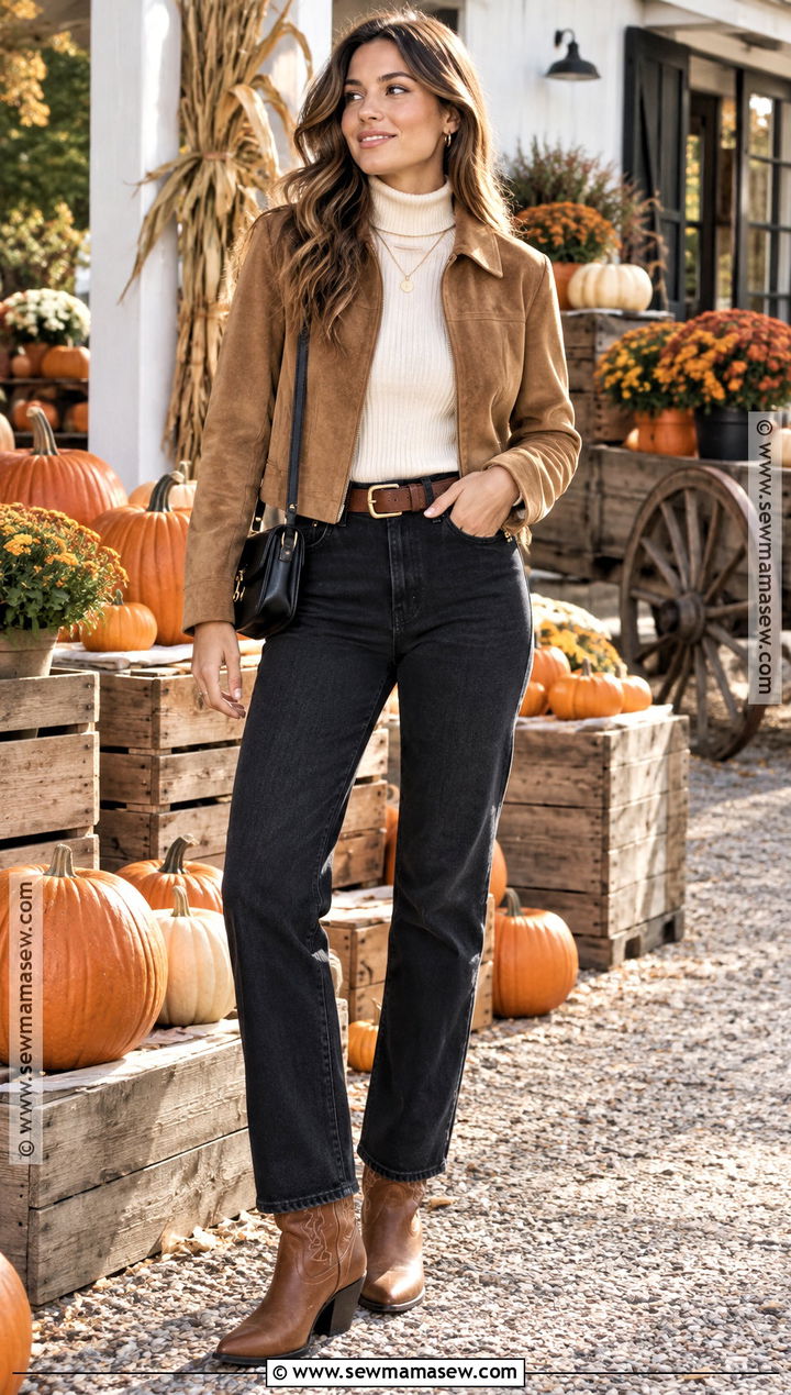 Suede Jacket And Black Jeans With Cowboy Boots - 15 Cowboy Boots Pumpkin Patch