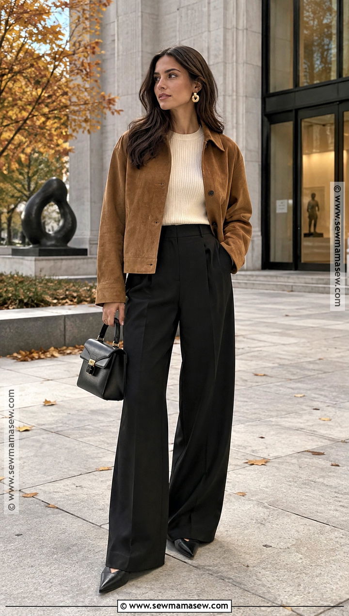 Suede Jacket And Black Trousers Outfit - 15 Fall Outfits For Insta Pics