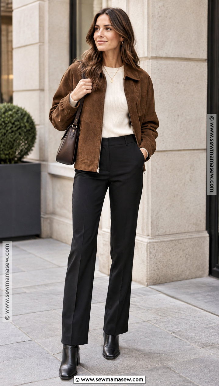 Suede Jacket And Black Trousers Outfit - 25 autumn lookbook ideas