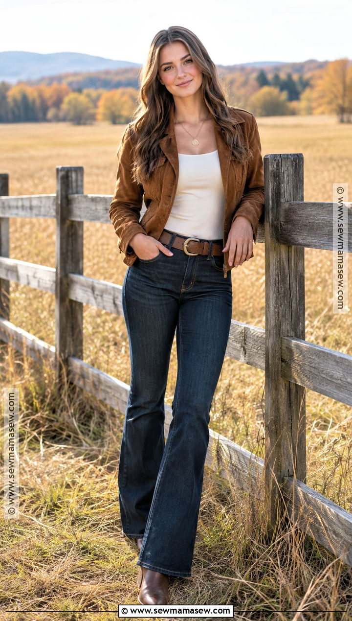 Suede Jacket And Bootcut Jeans Fall Senior Picture Outfit - 20 Fall Senior Picture Ideas Outfits