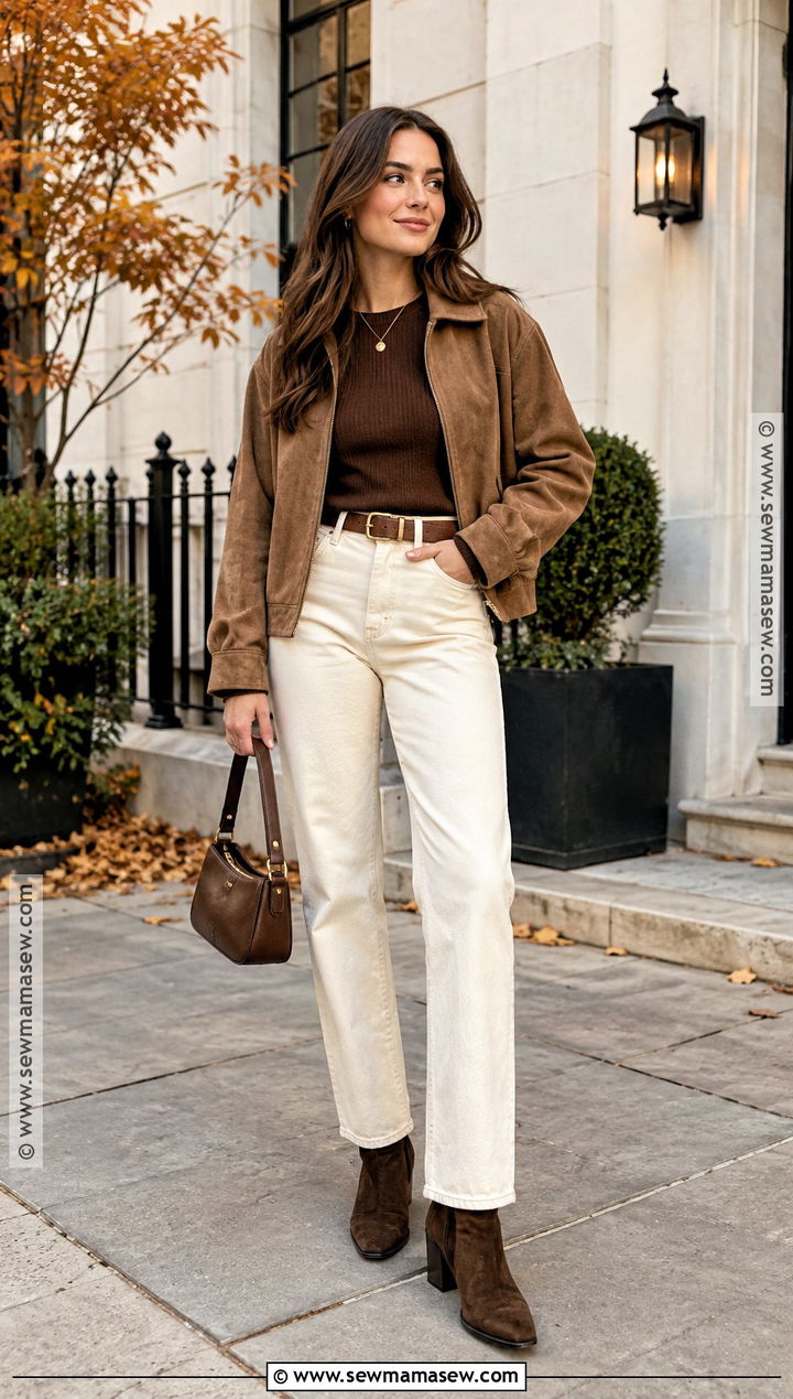 Suede Jacket And Cream Jeans Autumn Date Night Outfit - 15 autumn date night outfit casual ideas