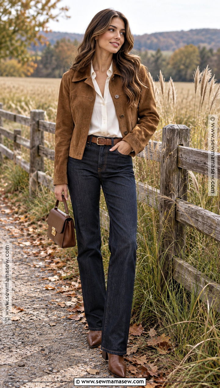 Suede Jacket And Dark Jeans Autumn Photoshoot Outfit - 15 autumn outfit photoshoot ideas