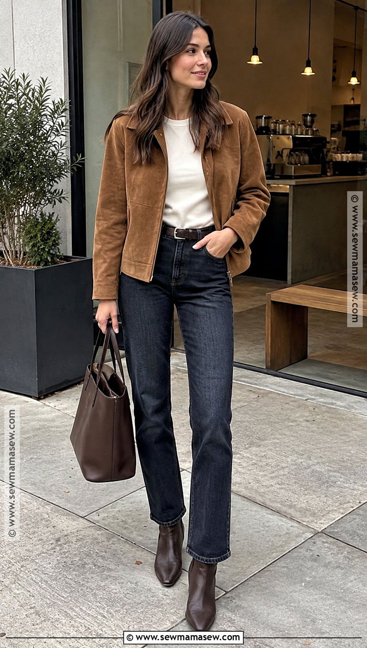 Suede Jacket And Dark Jeans Coffee Date Outfit - 20 fall coffee date outfit ideas