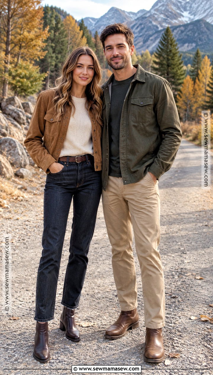 Suede Jacket And Dark Jeans Fall Engagement Photo Outfit - 25 fall engagement photos outfits