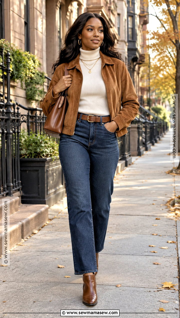 Suede Jacket And Dark Jeans Fall Outfit - 25 fall outfits women black for women