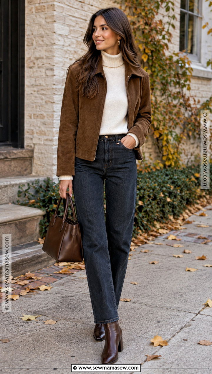 Suede Jacket And Dark Jeans Fall Outfit - 20 Fall Clothing Inspo Ideas