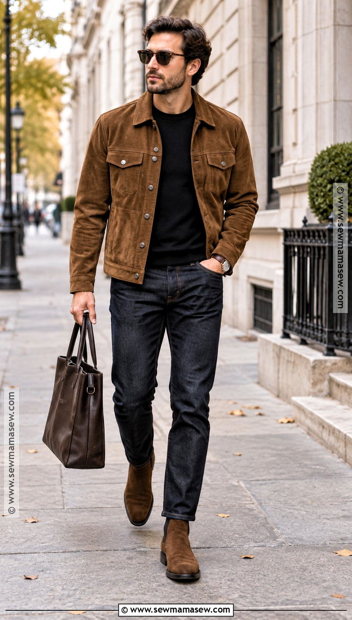 Suede Jacket And Dark Jeans Fall Outfit - 20 fall outfit ideas for men