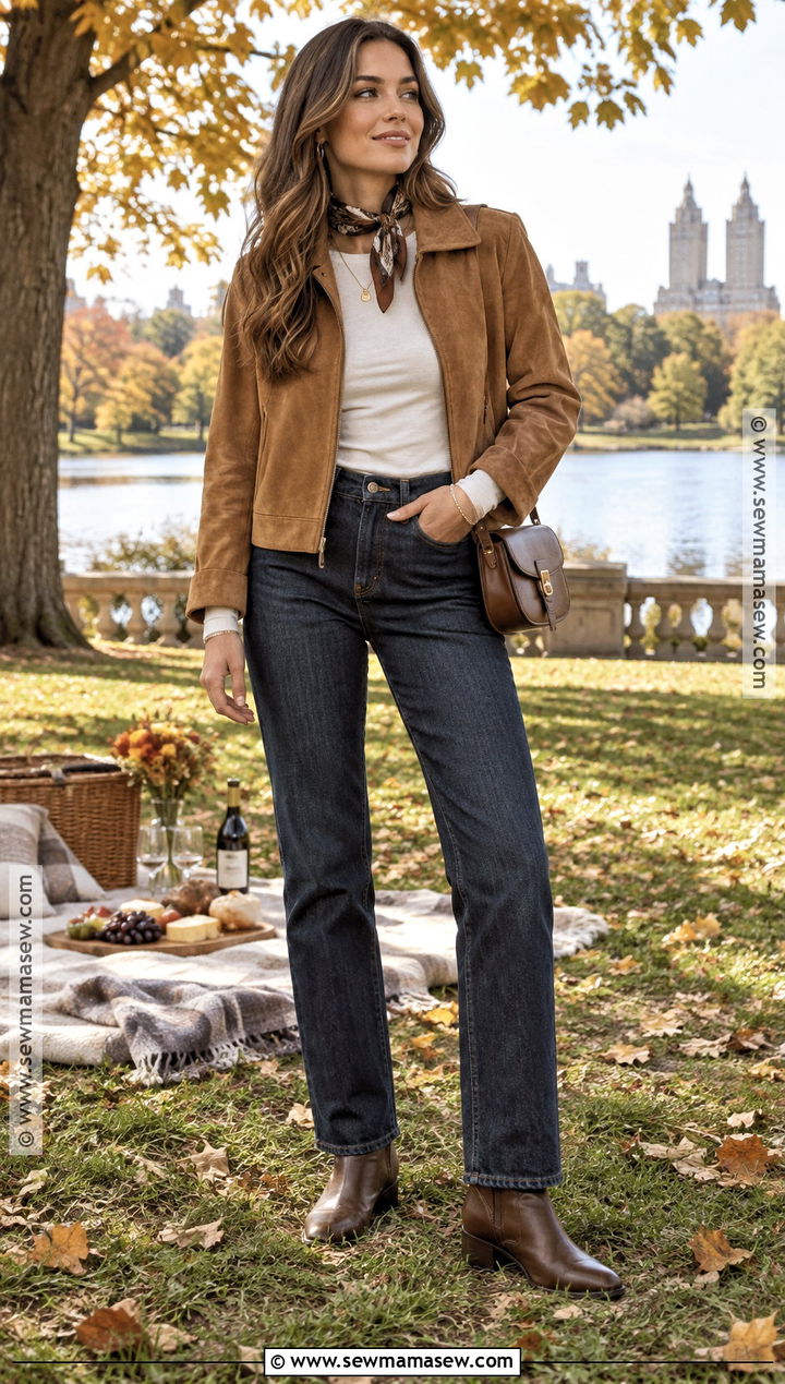 Suede Jacket And Dark Jeans Picnic Outfit - 25 autumn picnic outfit ideas