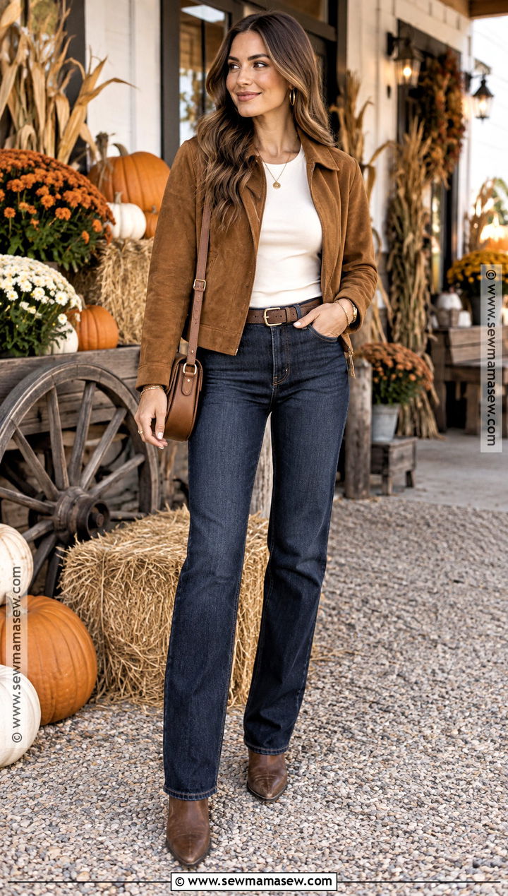 Suede Jacket And Dark Wash Jeans Fall Fair Outfit - 20 Fall Fair Outfit Ideas