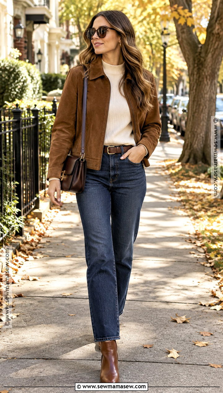 Suede Jacket And Denim Autumn Outfit - 15 autumn 24 fashion ideas