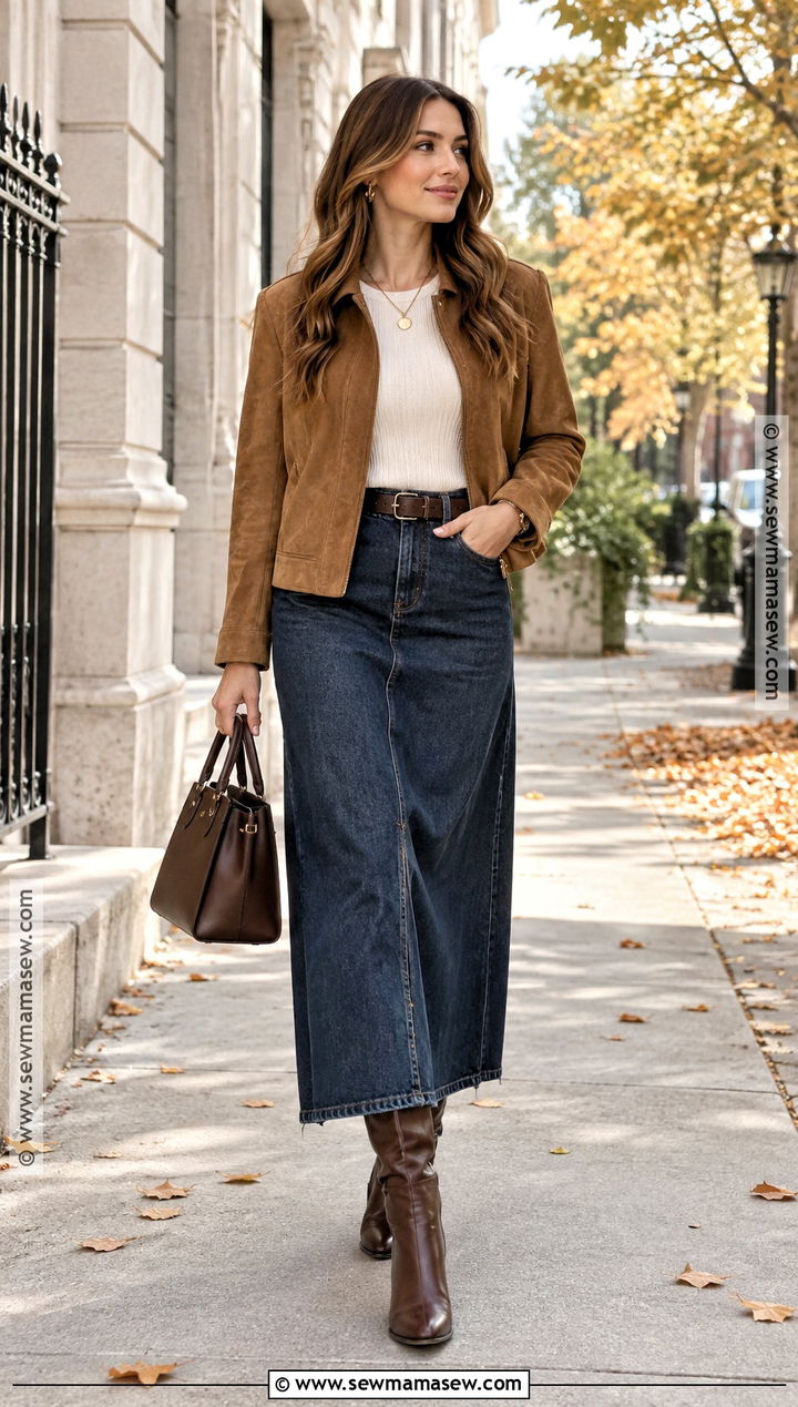 Suede Jacket And Denim Maxi Skirt Fall Outfit - 20 modest fall fashion ideas
