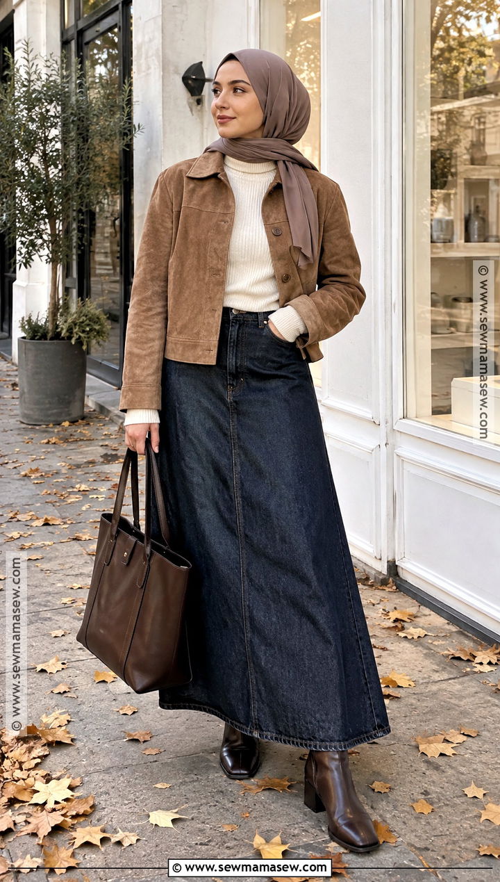 Suede Jacket And Denim Maxi Skirt Hijab Outfit - 20 fall outfits women hijab
