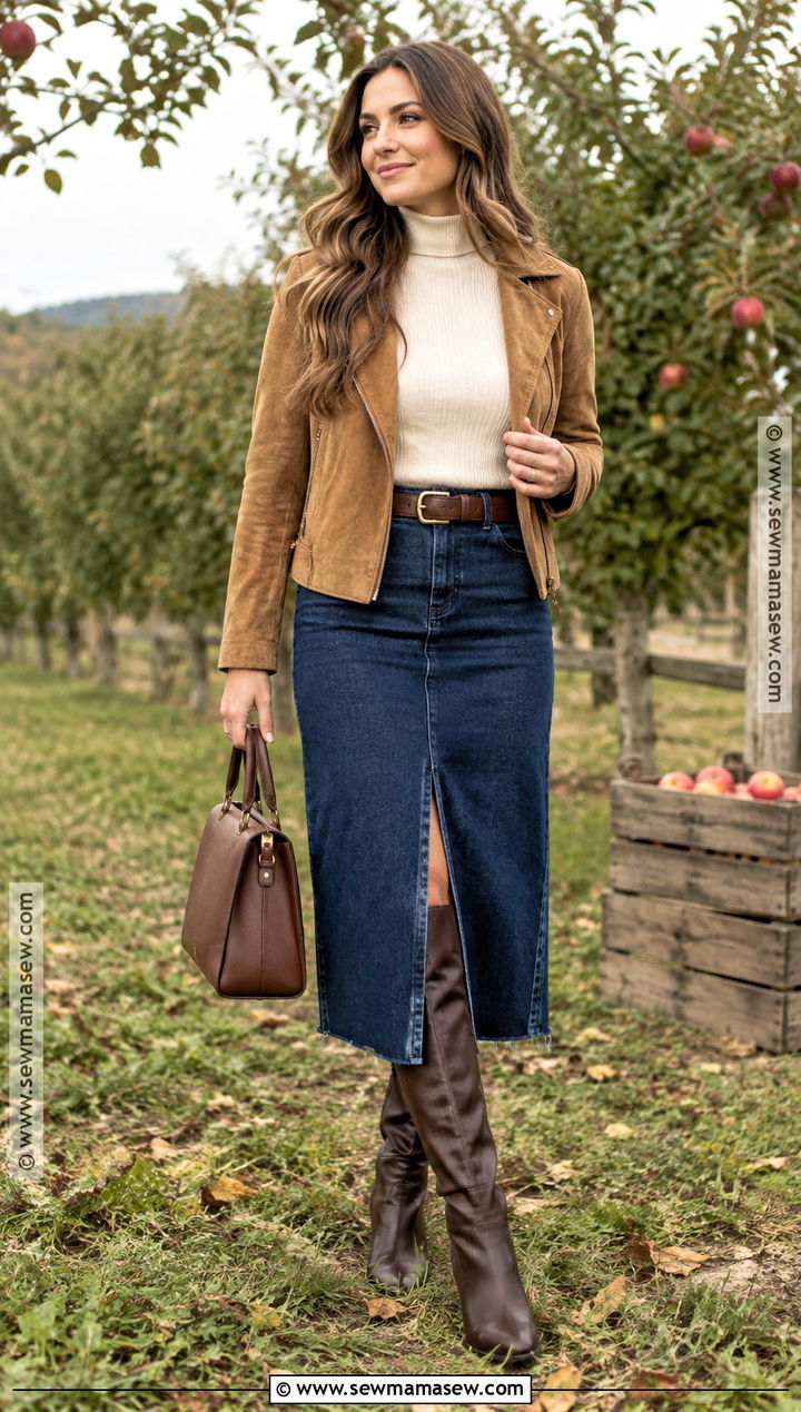 Suede Jacket And Denim Skirt Fall Photo Shoot Outfit - 20 Fall Photo Shoot Outfits for Women