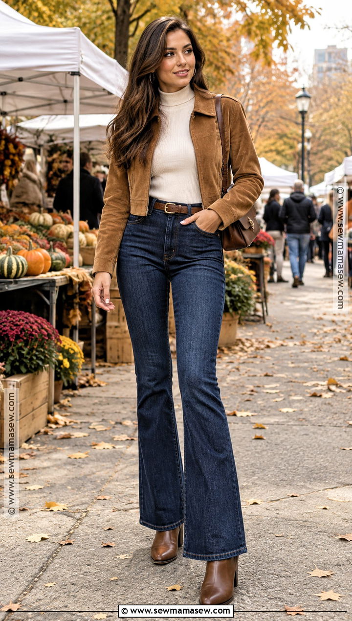 Suede Jacket And Flare Jeans Fall Outfit - 15 casual date fall outfits