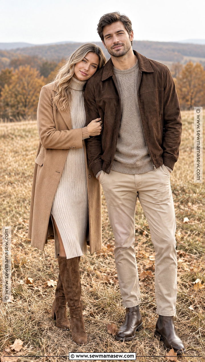 Suede Jacket And Knit Dress Fall Couples Photoshoot Outfit - 20 Fall Couples Photoshoot Outfits Neutral