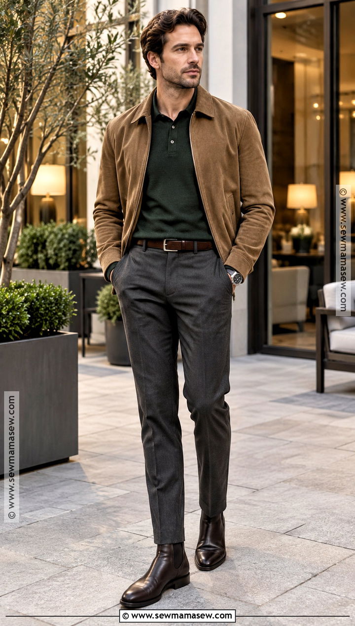 Suede Jacket And Knit Polo Fall Engagement Outfit - 15 men fall engagement outfit ideas