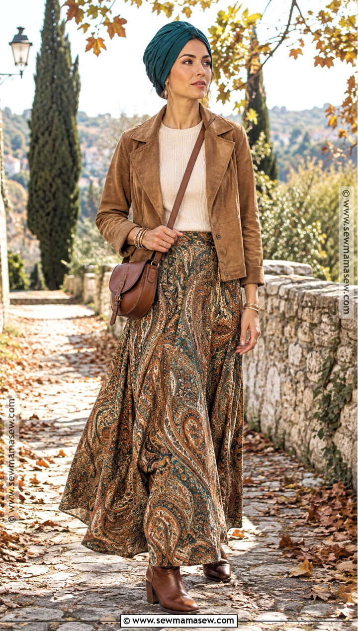 Suede Jacket And Maxi Skirt With Headwrap - 15 Fall Headwrap Outfit Ideas