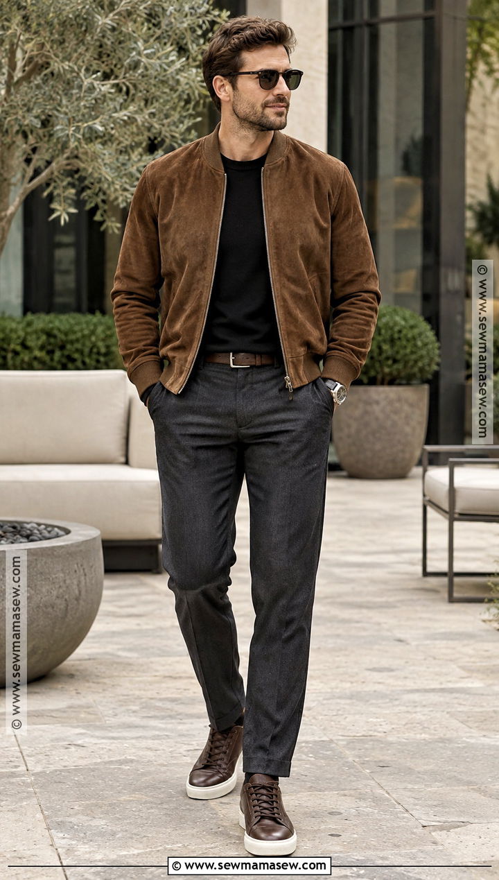 Suede Jacket And Neutral Trousers Fall Outfit - 20 men casual fall outfits