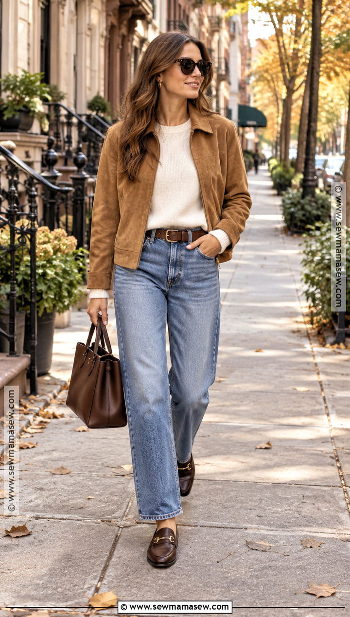 Suede Jacket And Relaxed Jeans Autumn Outfit - 20 easy autumn outfits