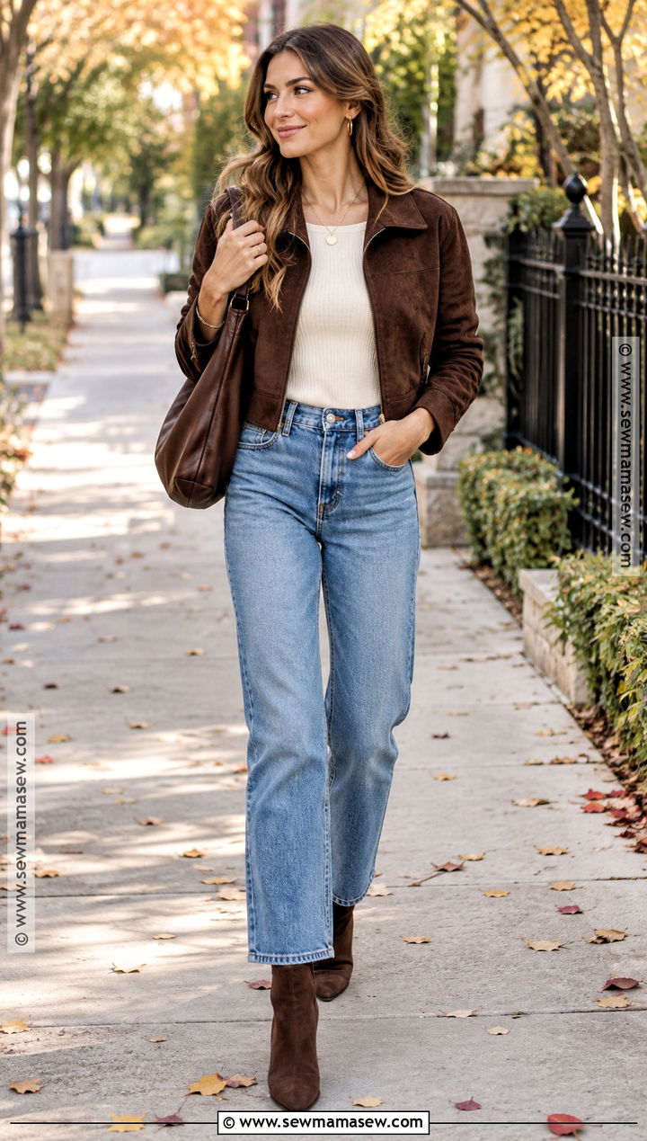 Suede Jacket And Relaxed Jeans Fall Baddie Outfit - 20 chill baddie outfits fall