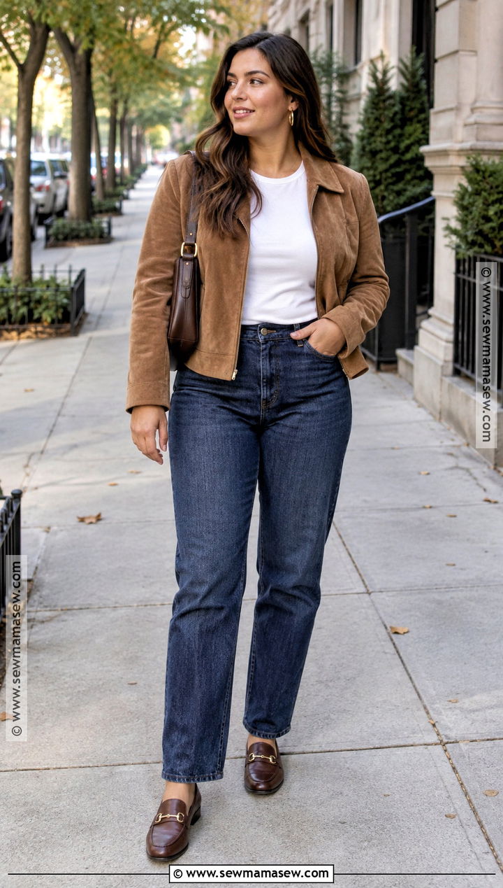 Suede Jacket And Straight Leg Jeans Fall Outfit - 15 cute transition to fall outfits